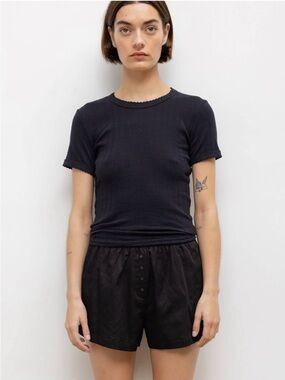 Leset Cotton Pointelle Black Short Sleeve Tee Shirt Size Medium